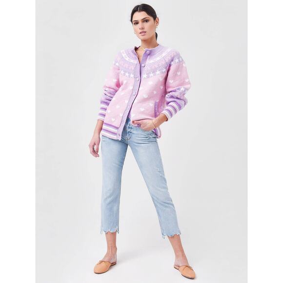 LoveShackFancy Amalo Boyfriend Cardigan Sweater Macaron Pink heart bow size XL - Picture 4 of 16